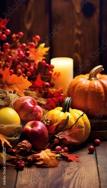 Fototapeta Autumn Thanksgiving Colorful Setting Background, vertical orientation. Generative ai