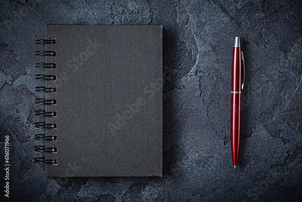 Obraz Red Ballpoint Pen And Black Notepad