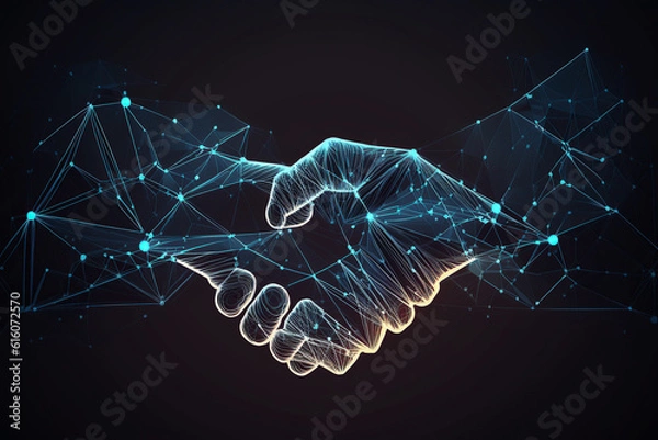 Fototapeta ai generated  Illustration two wire-frame glowing hands, handshake, technology, business, trust concep