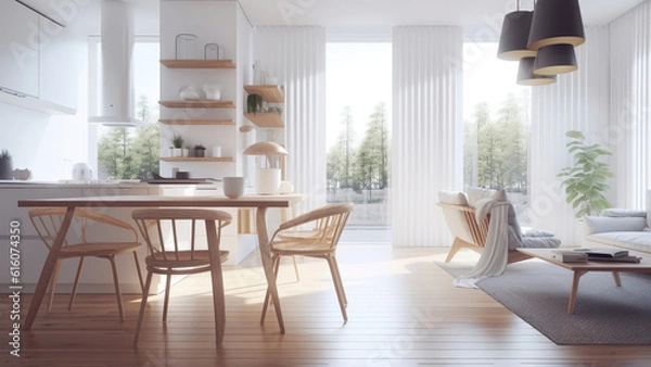 Fototapeta A bright white kitchen with wood finish accents, complemented by floor-to-ceiling windows that flood the space with natural light. Photorealistic illustration, Generative AI