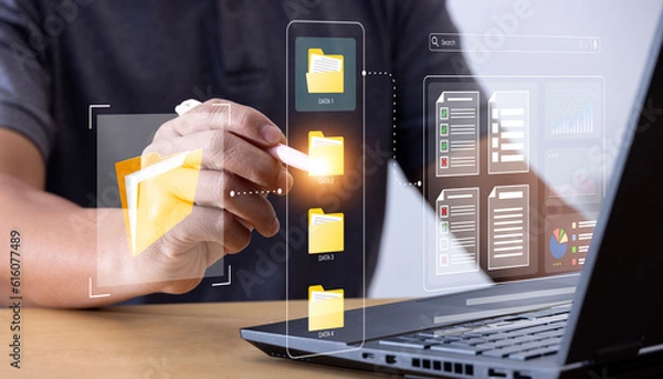 Obraz Document Management System concept. Enterprise content management, Digital asset management, Document imaging, Workflow, Records management, Online document file data software for efficient archiving.