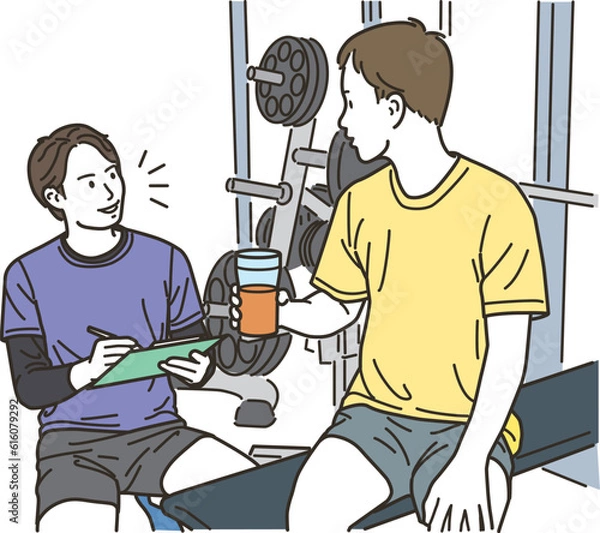 Fototapeta ジムのインストラクターの男性と男性会員
