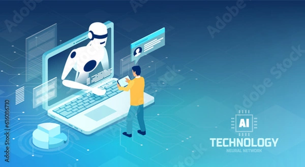 Fototapeta Vector of a man using chat bot and artificial intelligence technology