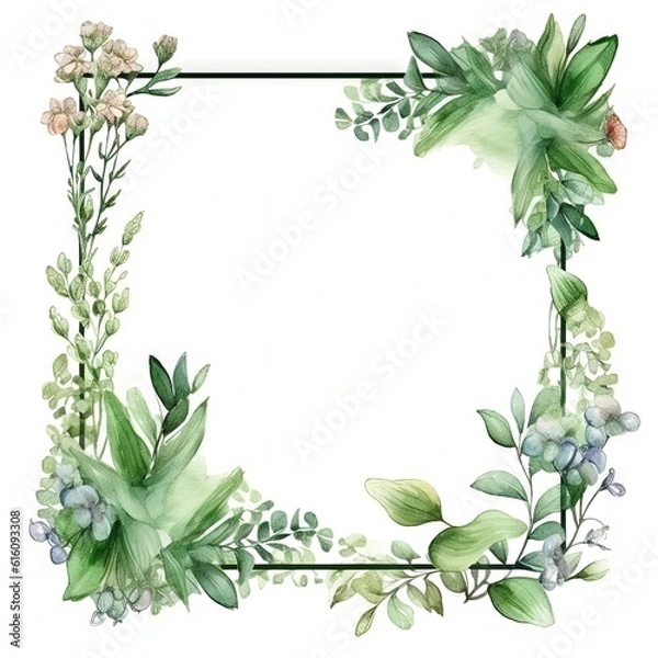 Fototapeta Watercolor decorative frame. Abstract background. Invitation, advertisement, thanks. Ornamental leaves. Generative AI.