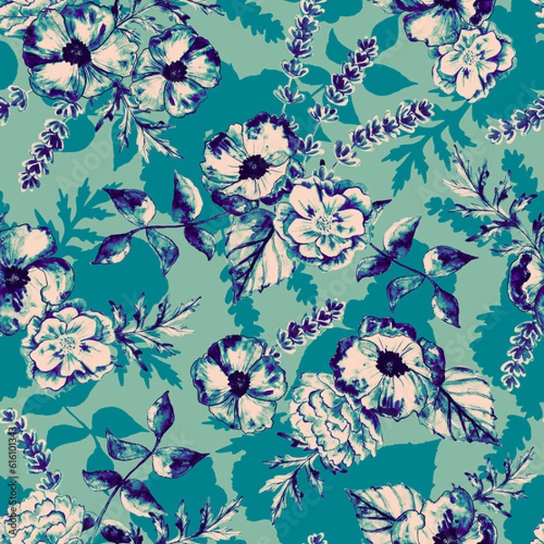 Fototapeta Romantic floral seamless pattern with watercolor motifs. Pretty luxury textured background with flowers and leaves. Repeated botanical design for print, fabric, textile.