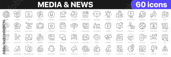 Fototapeta Media and news line icons collection. Television, blogging, social media, video, promotion icons. UI icon set. Thin outline icons pack. Vector illustration EPS10