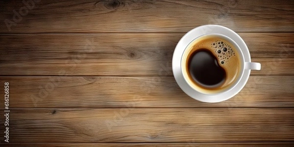 Fototapeta Minimalistic Workspace. White Coffee Cup on Top view Wooden Table