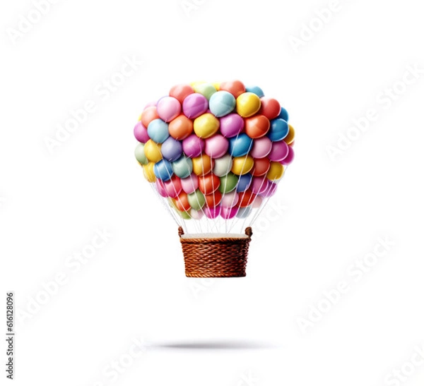 Fototapeta Balloons with a basket and gifts on a white background.card for birthday, party, holiday.Generative AI