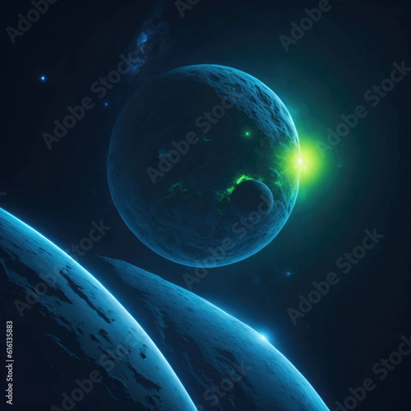 Fototapeta  Sci-Fi Futuristic Fantasy Alien World Landspace, Sky With Stars and Moons, Deep Space, Science Fiction, Generative Ai