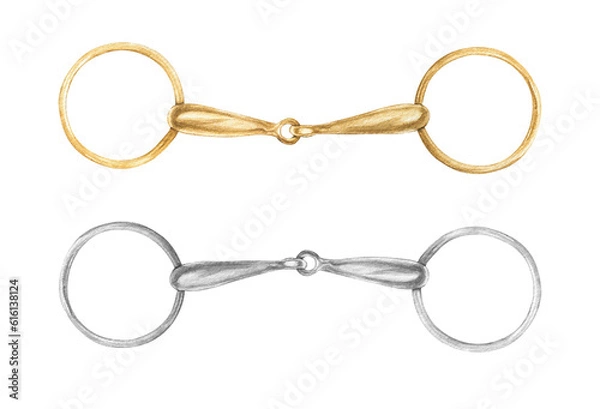 Fototapeta Watercolor hand drawn illustrations of golden and silver metal snaffles, isolated. Can be used as a print for clothes. Print on the theme of horses and equestrianism.