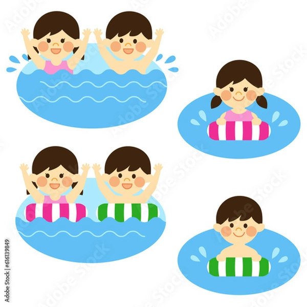 Obraz プールで遊ぶ男の子と女の子