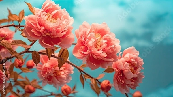 Fototapeta A Captivating Vision of Red Peonies against a Soft Blur of Turquoise. Beautiful Flower Background.