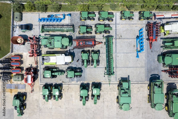 Fototapeta Aerial view of many different types of equipment for agriculture in storage at Targovishte town, Bulgaria