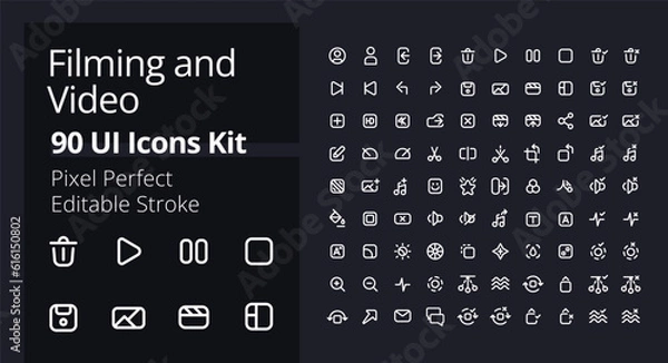 Obraz Video production pixel perfect white linear ui icons kit for dark theme. Filmmaking software. Footage settings. Isolated user interface symbols for night mode. Vector line pictograms. Editable stroke