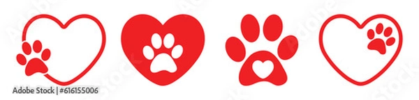 Fototapeta Heart and pet paw print dog cat icon set, Animal love symbol paw print with heart, Vector illustration