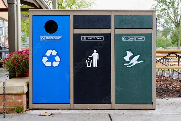 Obraz Recycle, waste, and compost bins in a public place.