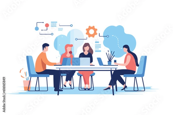 Obraz team meeting illustration, Diverse professionals collaborate in corporate office for effective teamwork and communication.