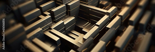 Fototapeta Abstract Gold And Black Cube Maze On Black Background With White Border - Stunning Stock Photo 3D Generic Animation Motion Frame Generative AI