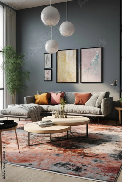 Fototapeta A modern living room with Scandinavian minimalism. Clean-lined sofa in a light neutral tone, a set of minimalist side tables, and a statement rug with bold colors. Generative AI