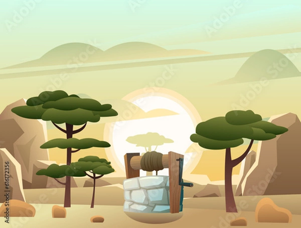 Fototapeta Stone well with wooden crossbar and rope for bucket. In rocky sand desert with rocks and cliffs and African acacia. Rural water source. Cartoon fun style. Flat design. Vector.