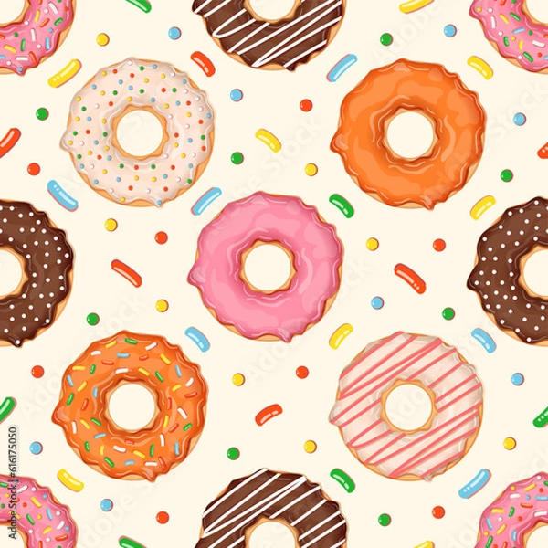 Fototapeta Seamless pattern with donuts of different flavors and toppings. Vector illustration for fabrics, textures, wallpapers, posters, cards. Editable elements.