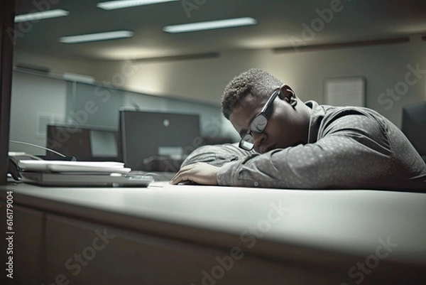 Fototapeta Overnight work, Tired and sleeping Americam black man sitting on his work space. Bored male working during the late evening, night. Generated Ai
