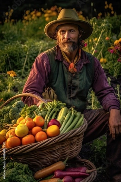 Fototapeta Photo of a stylish man enjoying the harvest in a rustic field with his basket of fresh vegetables