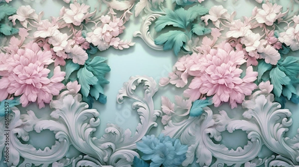Fototapeta Vintage Rococo Flower Fabric Pattern in Blue, White, Pink, and Green - 17th Century French Parisian Inspired Pastel Floral Background or Wallpaper - Generative AI