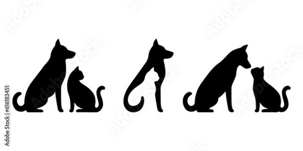 Obraz Dog and cat black profile silhouette set. Pets sit together, side view isolated on white background. Design for veterinary clinic, shop, animal business. Vector