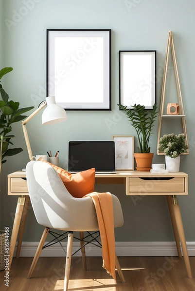 Fototapeta Desk with chair and photo frames in a living room with a wooden chair as a chair, in the style of light teal and light orange, nature inspired, highly detailed foliage, light orange and orange