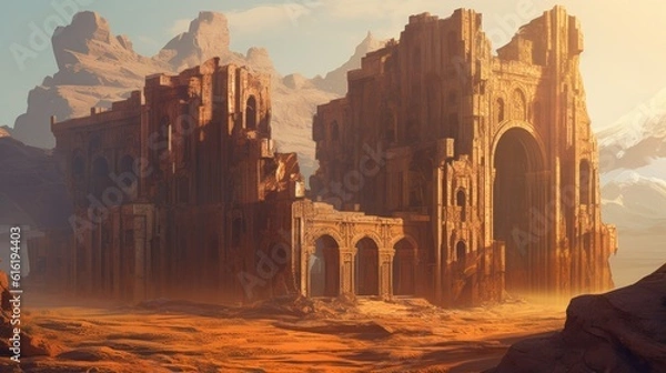 Fototapeta Ancient city buried deep within a desert or underwater realm. Depict its crumbling architecture, intricate statues, and the sense of wonder and mystery that surrounds this forgotten civilization