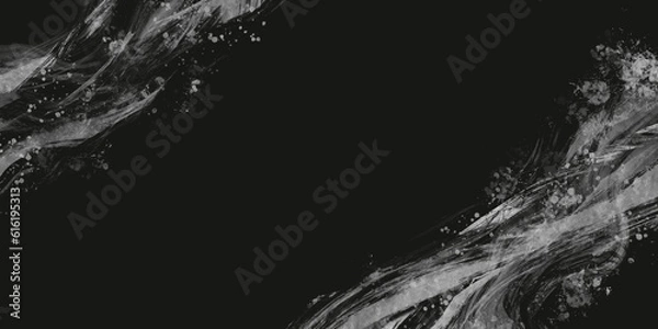 Fototapeta 和風ダーク抽象横長テンプレート。黒背景の対角線上に銀色の筆跡とスプラッシュ