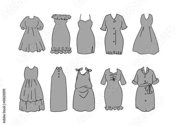 Fototapeta グレーのミニ丈半袖ワンピースのイラストセット