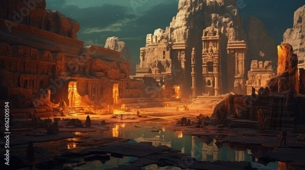 Fototapeta Ancient city buried deep within a desert or underwater realm. Depict its crumbling architecture, intricate statues, and the sense of wonder and mystery that surrounds this forgotten civilization