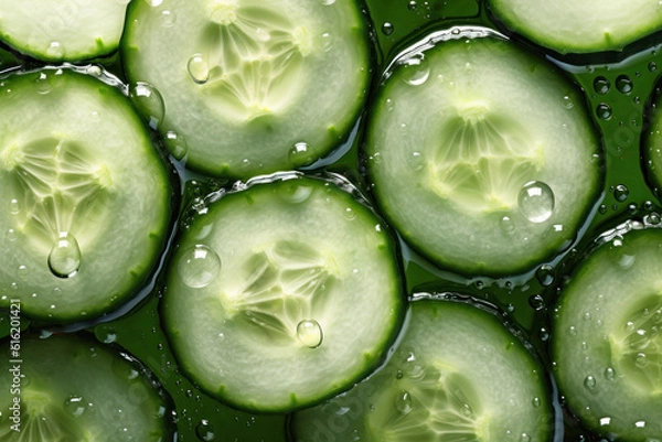 Fototapeta Top view cucumber slices in water with bubbles, ai generative
