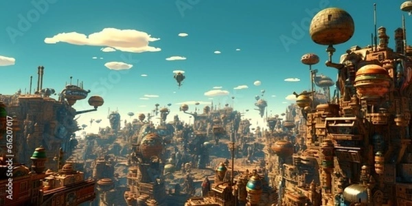 Obraz landscape of a futurist city with hot-air balloon (Generative AI)