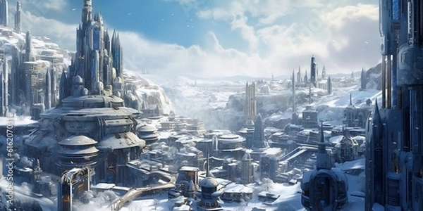 Obraz Panorama of the futurist snowy city (Generative AI)