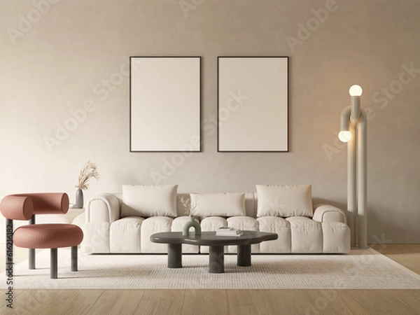 Fototapeta Modern minimalistic living room design with empty poster frames , mock up , 3d rendering