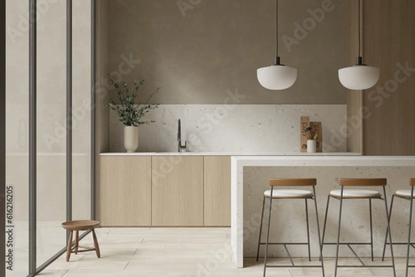 Obraz Modern scandinavian kitchen design with island and decor , 3d rendering 