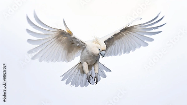 Obraz white cockatoo flying, white background. Generative AI.