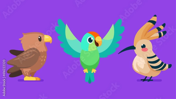 Fototapeta Set of cute wild animals, Hoopoe, parrot, hawk, eagle, Safari jungle animals flat vector illustration 