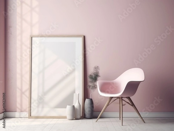Fototapeta Pink modern stylish room with frame and sofa. Generative AI