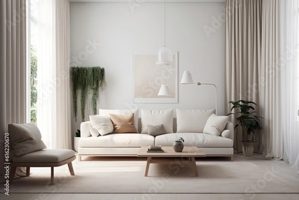 Fototapeta Neutral interior mockup of a modern living area with a sofa. Generative AI