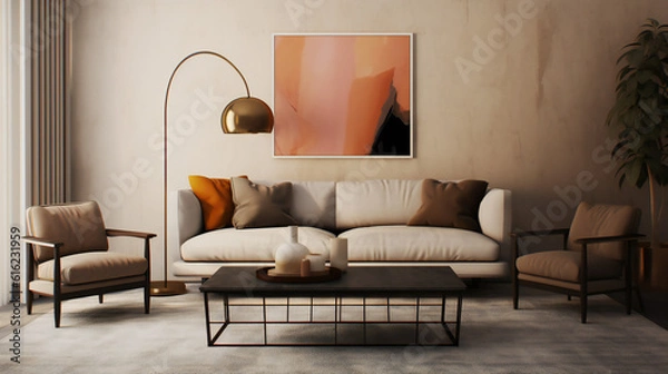 Fototapeta Stylish Living Room Interior with Mockup Frame Poster, Modern interior design, 3D render, 3D illustration