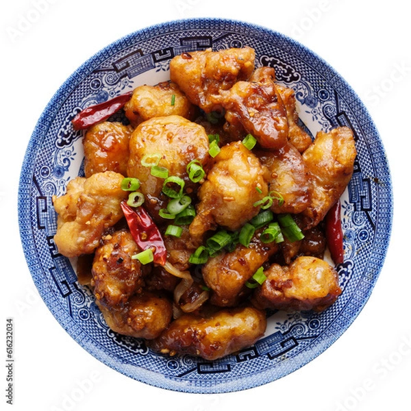 Obraz chinese general tso's chicken stir fry in plate on transparent background shot from overhead view 