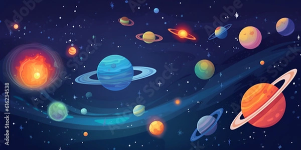 Fototapeta Cartoon illustration Of Space. Space flat background with planets and stars. Galaxy illustration for kids. Generative AI