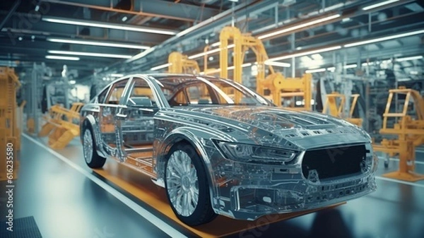 Fototapeta Car design engineers using holographic app in digital tablet. Develop modern innovative high-tech cutting edge eco-friendly electric car with sustainable standards. They test the Generative AI