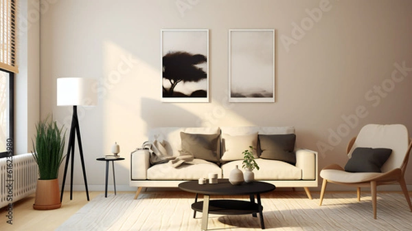 Fototapeta Stylish Living Room Interior with Mockup Frame Poster, Modern interior design, 3D render, 3D illustration