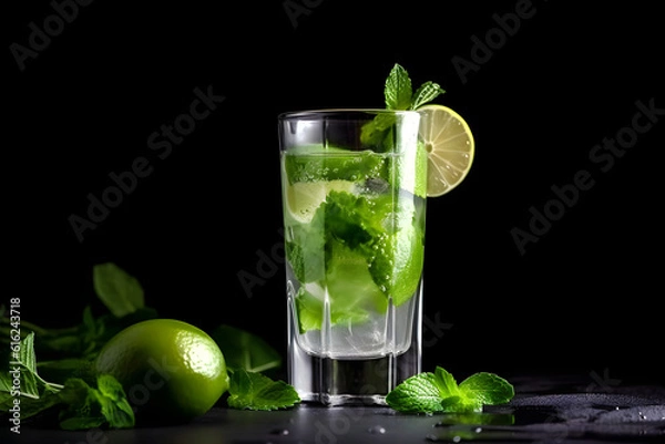 Fototapeta Mojito summer refreshing cocktail with ice and mint on black background. AI generated