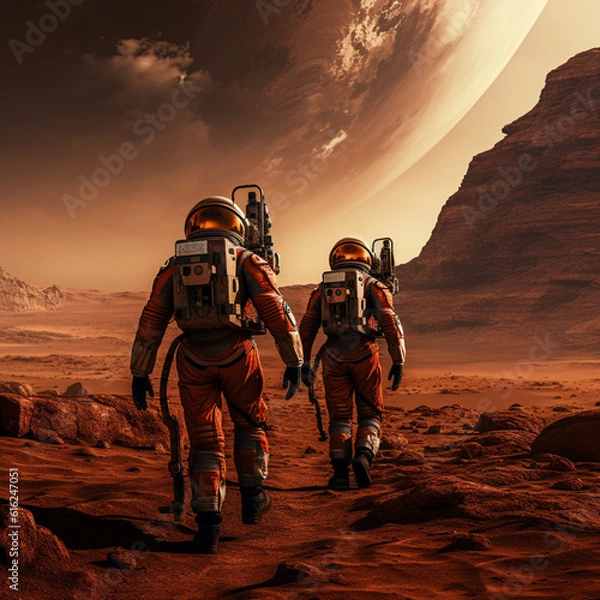 Fototapeta Astronauts walking on Mars, Generative AI